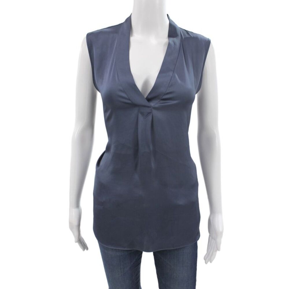 R Label Women Tunic Blouse Dark Blue V Neck Sleeveless Polyester Size L